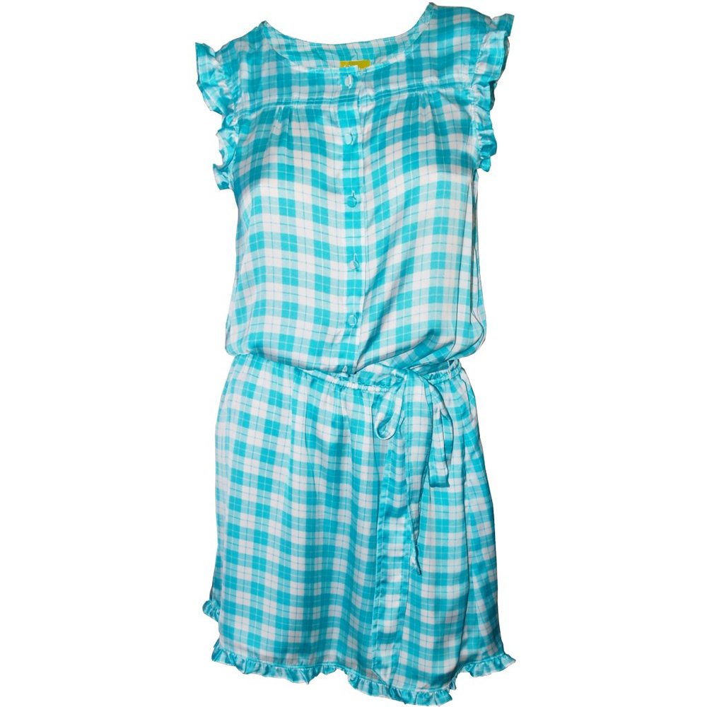 QMack Women`s Ruffle Sleeveless Plaid Dress Lagoon Combo, Large